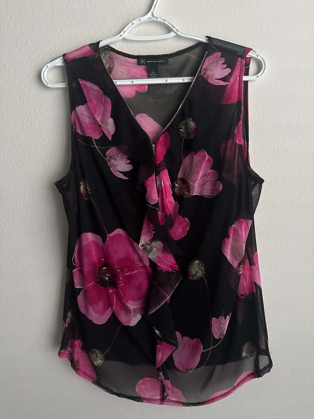 INC International Concepts Pink Floral Mesh Ruffle Front Sleeveless Blouse